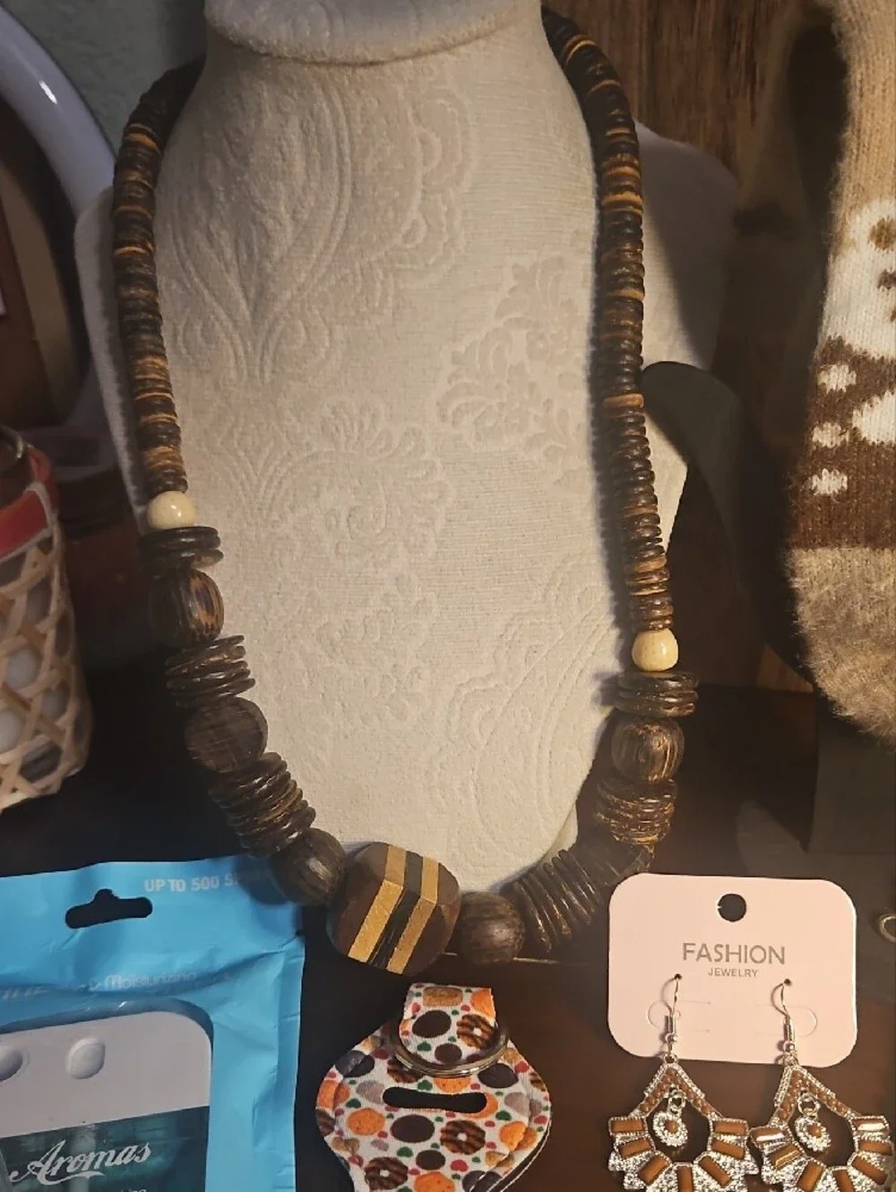 Wooden Heart Necklace Display with Brown Bead Accents